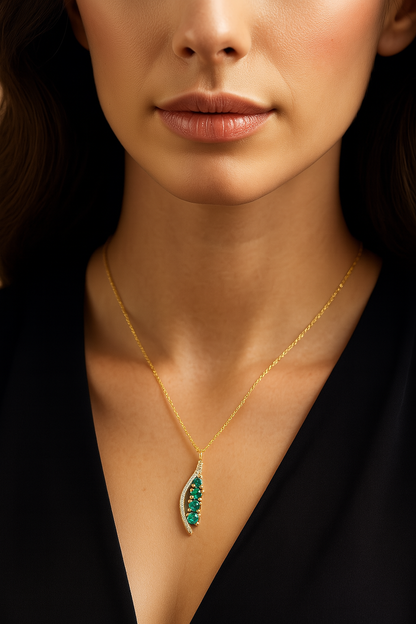 0.34 Carat Genuine Zambian Emerald and White Diamond 14K Yellow Gold Pendant